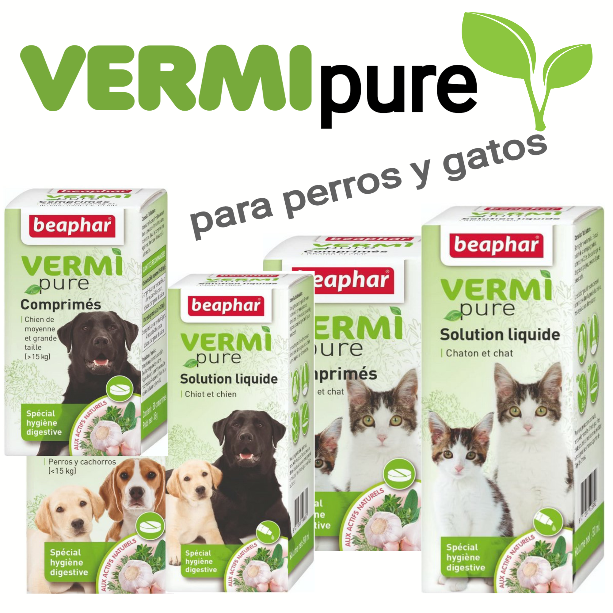 Antiparasitario interno intestinales para perros y gatos, en comprimidos y en solución liquida