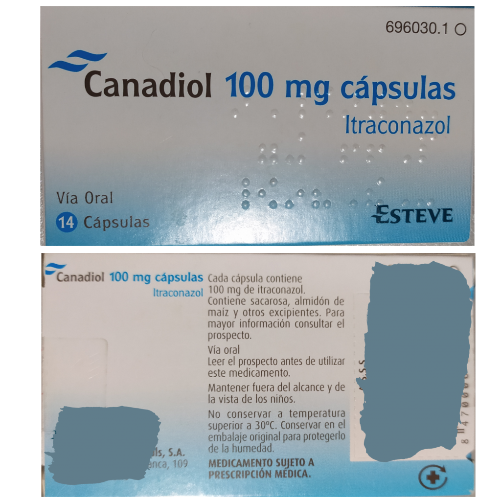 Canadiol, genérico para humanos, cada cápsula contiene 100mg de itraconazol