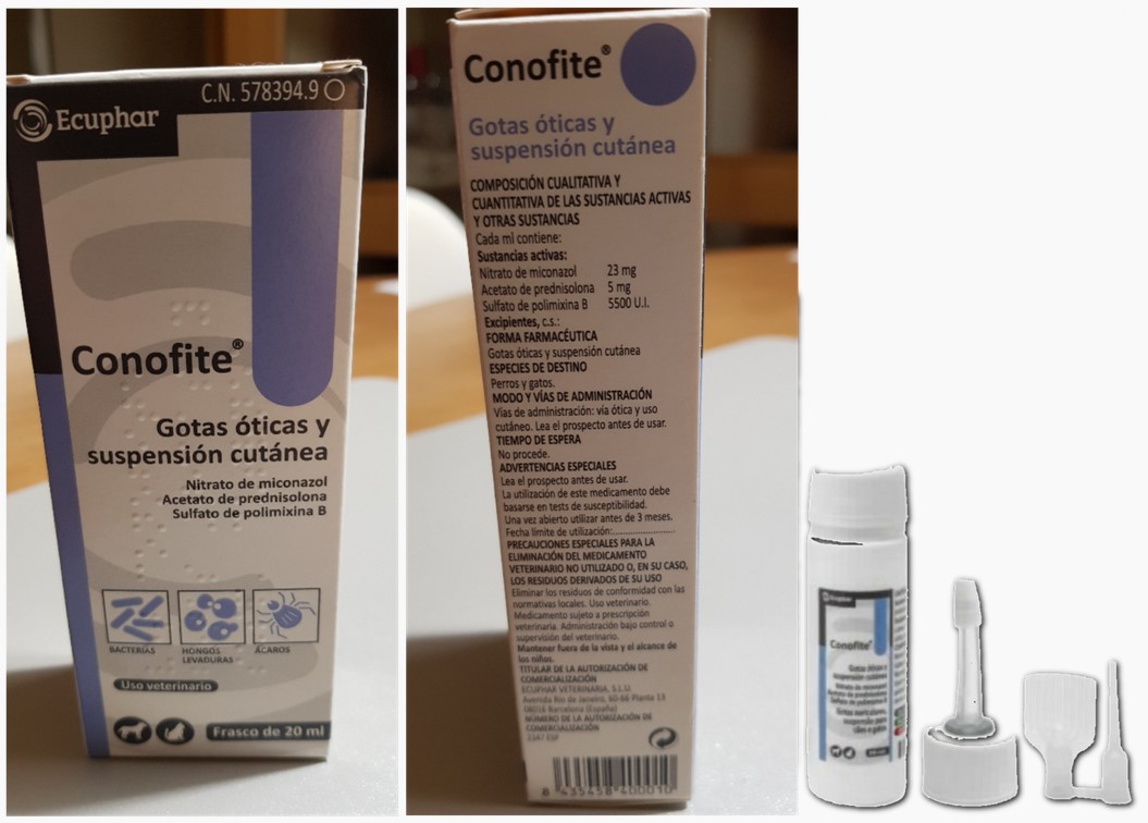 Conofite, medicamento veterinario para el tratamiento cutáneo de la dermatofitosis conocida como tiña, contiene nitrato de miconazol
